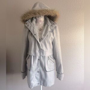 Women's Gray Hooded Coat with Faux Fur Trim